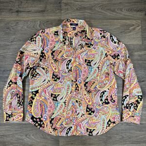 CHAPS 100% Cotton Button Down Shirt Women's XL NO IRON Multicolor Paisley
